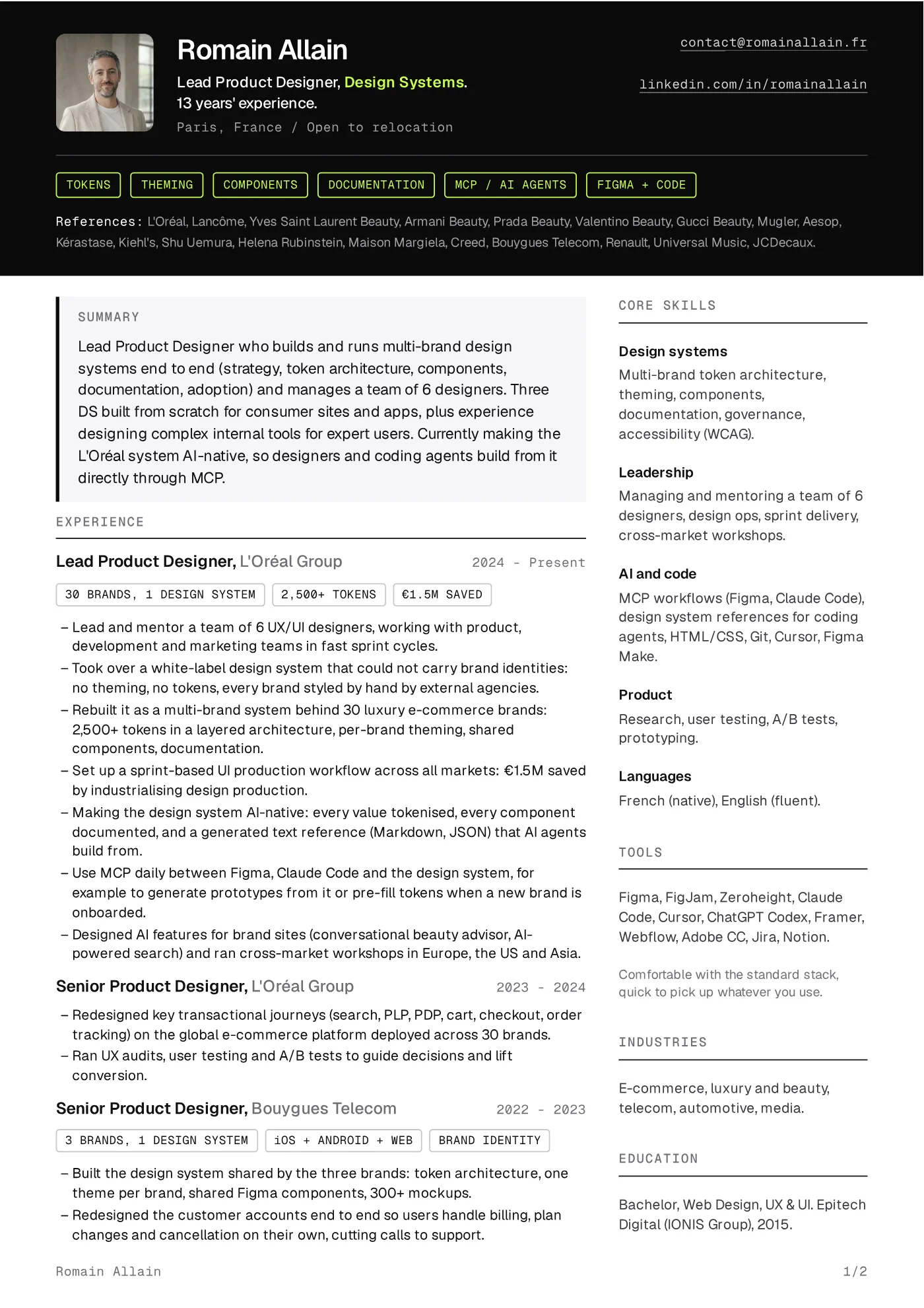 Resume of Romain Allain, page 1 of 2.