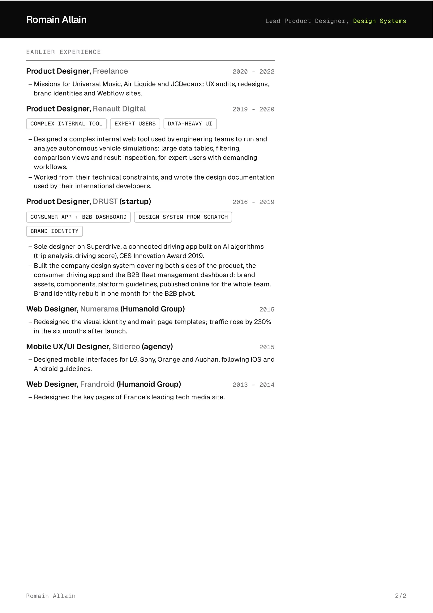 Resume of Romain Allain, page 2 of 2.